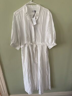 White Button-Front Midi Dress with Tie Waist